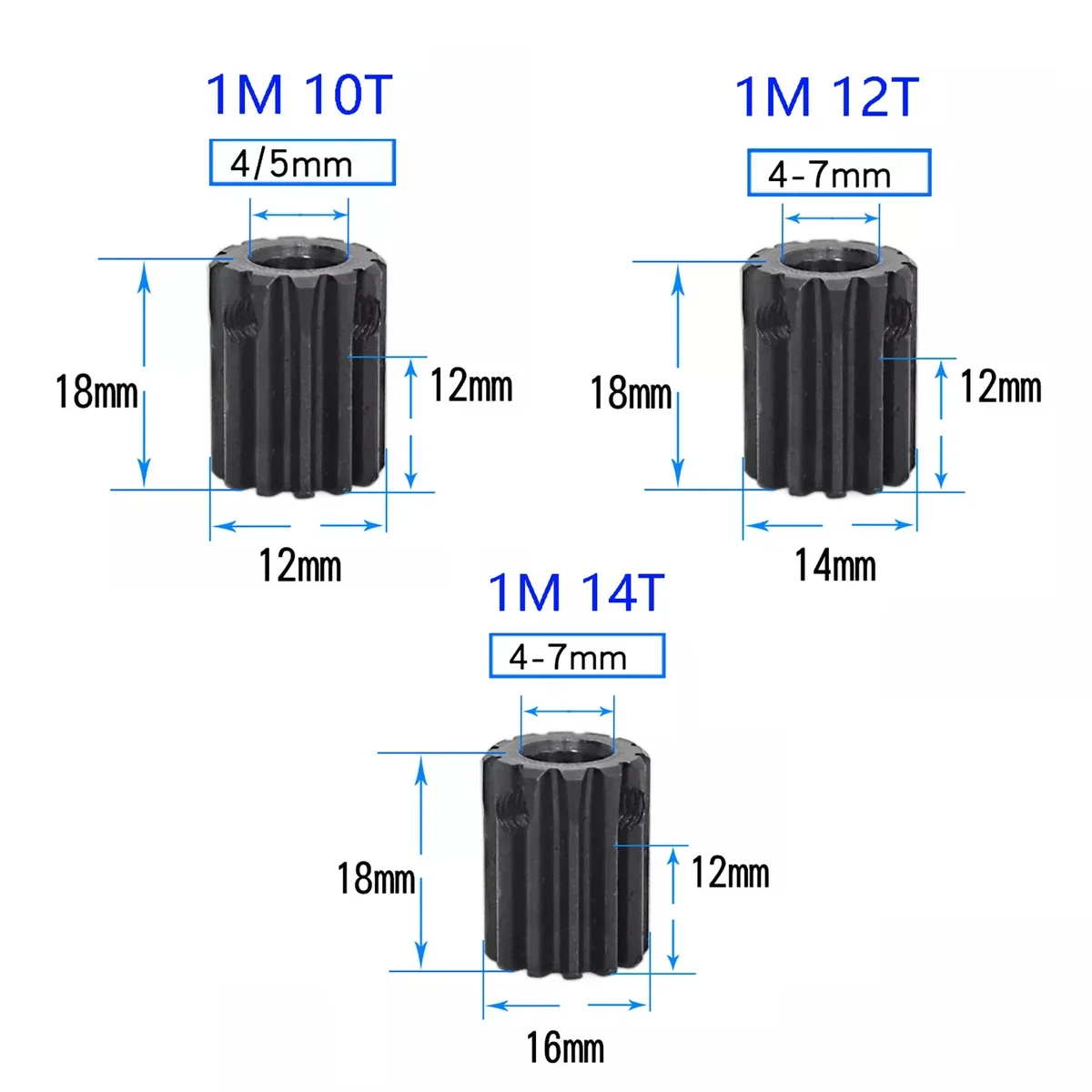 1Pcs 1 Mod Pinion Gear 45# Steel 10T 12 T 14Teeth  Spur Gear With Screw Bore 4/5/6/6.35/7mm Motor Transmission Gear Black