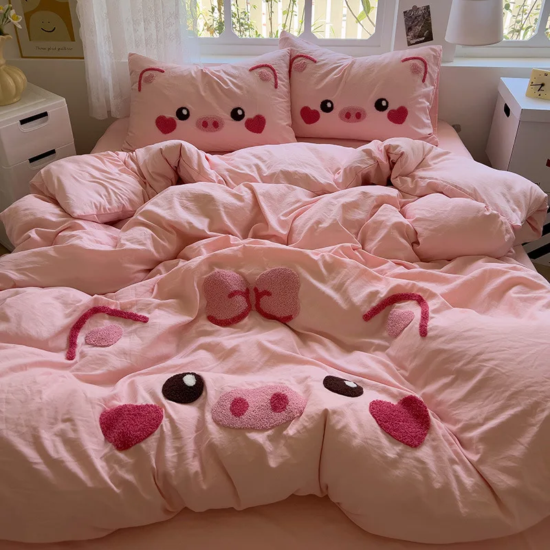 Cute piggy cartoon washed cotton bed four-piece set towel embroidered bed sheet hat quilt cover student dormitory three-piece se