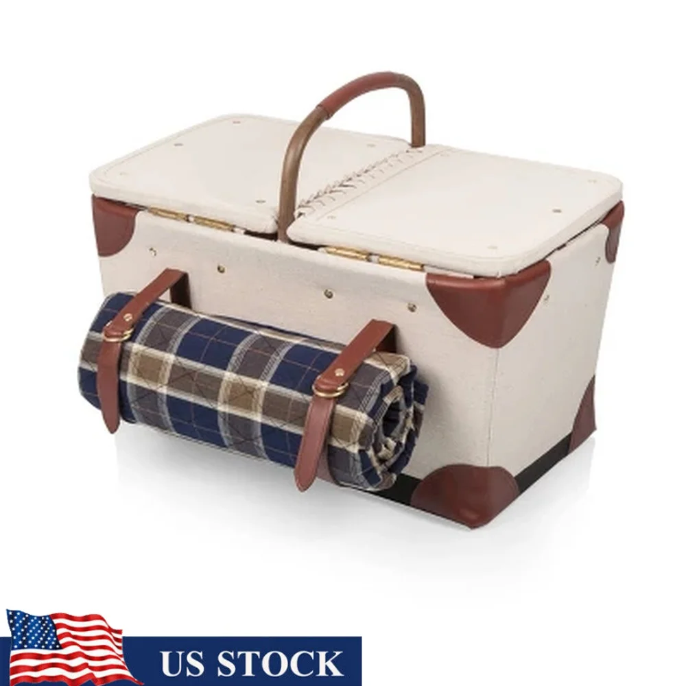 

Набор корзин для пикника из натурального холста с одеялами, очки, столовые приборы, штопор, романтические уличные пикники, пляжные вечеринки