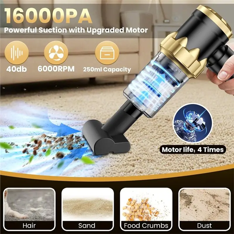 ABBZ-Car Vacuum ポータブルコードレスハンドヘルド掃除機、16000PAの強力な吸引力、7In1エアダスター/ブロワー、車、家庭、ペット用