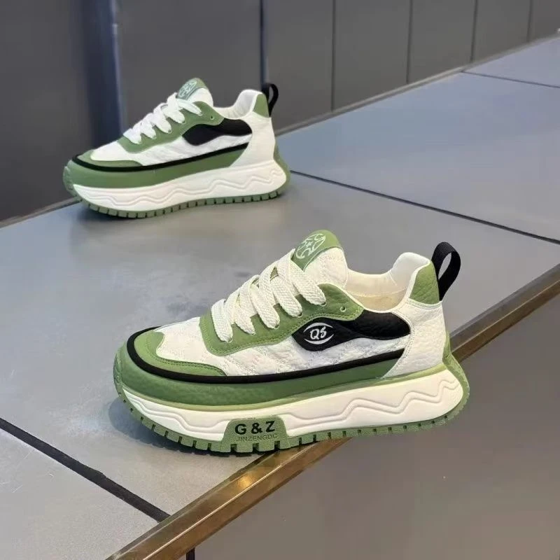 

Винтажные зелено-белые контрастные кроссовки на массивной волнистой подошве с эффектом увеличения роста, дышащие сетчатые кроссовки для ходьбы