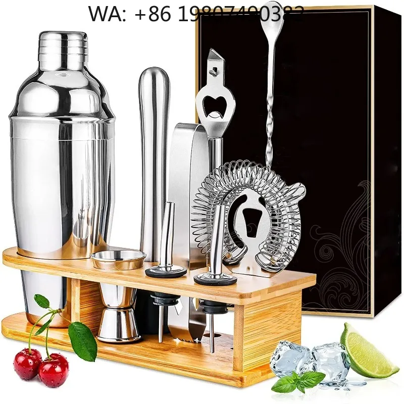 10pcs Complete Mixology Bar Kit, Stainless Steel Boston Cocktail Shaker All Tools With Bamboo Stand  Party Bartender Su