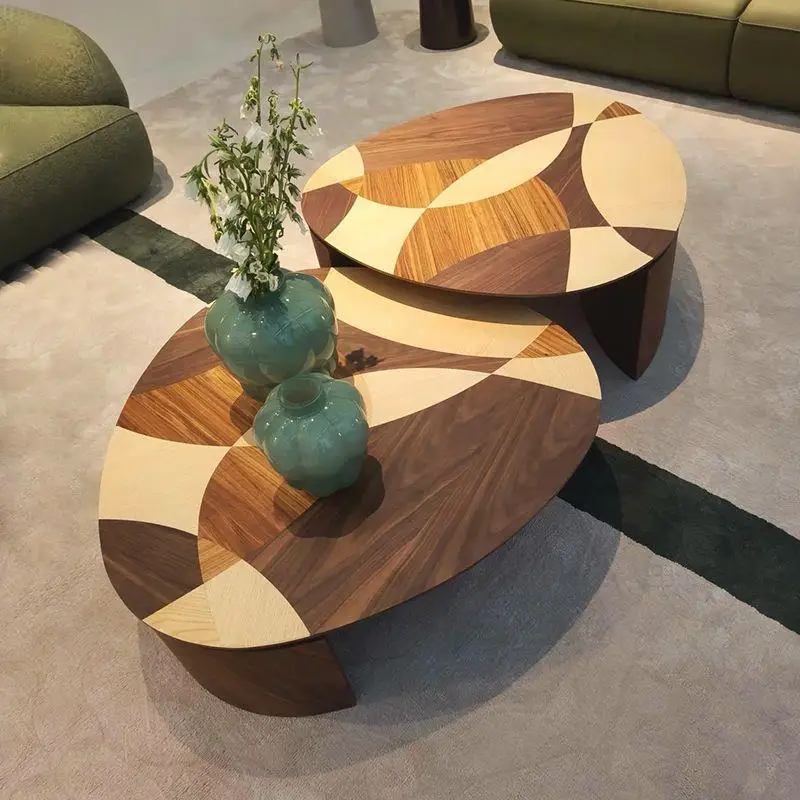 Medieval wabi sandy wind handmade parquet solid wood coffee table combination living room home simple art creative oval