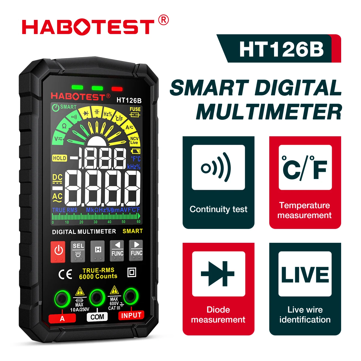 HABOTEST HT126 600V Digital Multimeter Auto Range DMM Voltmeter True RMS AC DC NCV Voltage Meter 6000 Counts Smart Multitester