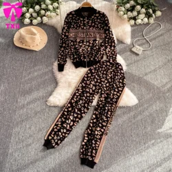 TXii Chic Fashion Korean 2PC Suits Ladies O-Neck leopard-print Knitting Cardigan+High Waist Wide Legs Pants Basic Casual Sets