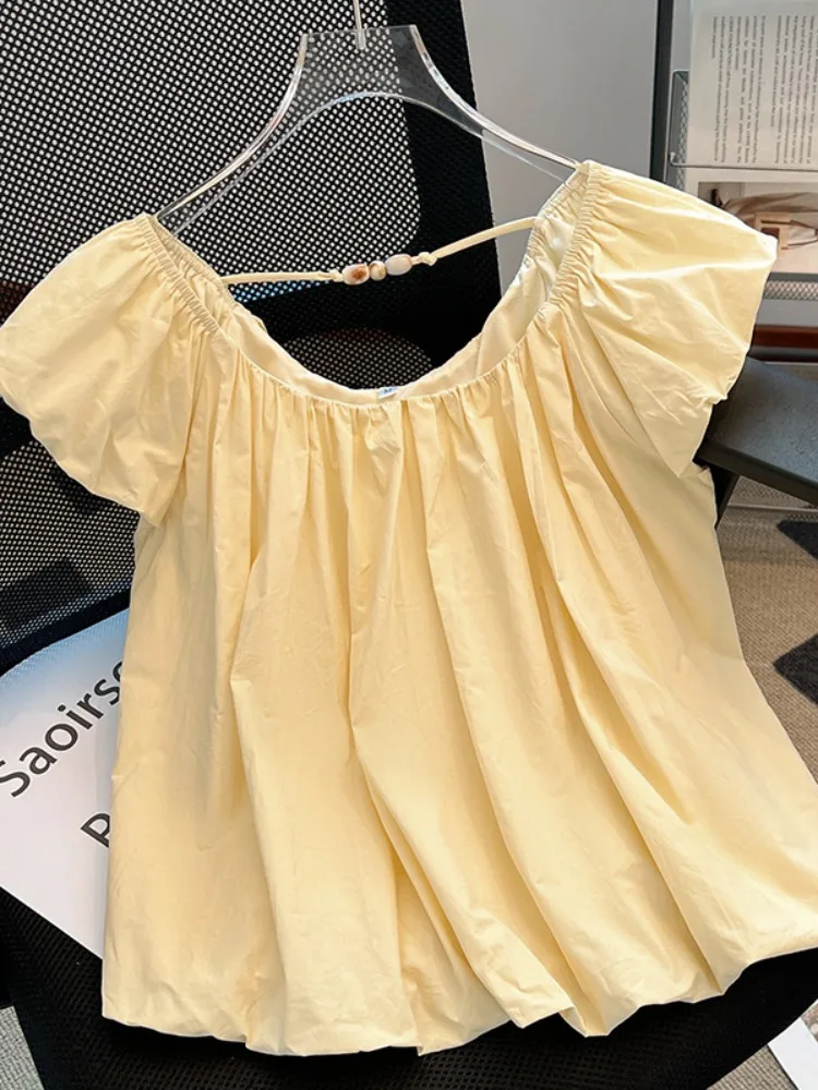

Yellow Short Sleeve Sweet Style Shirt Backless One Shoulder Design Casual Summer Top for Young Women Straight Cut Polyester F...