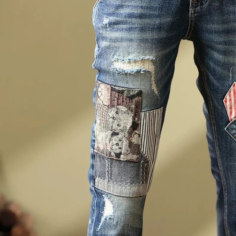 2024 Spring and Autumn New Fashion Trend Printed Straight Leg Jeans Men\'s Casual Slim Comfortable Breathable High-Quality Pants