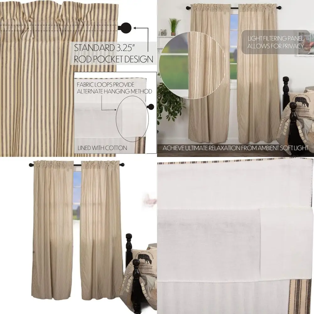 

Farmhouse Style Cotton Striped Charcoal Curtains, 84 Lined Panels for Living Room