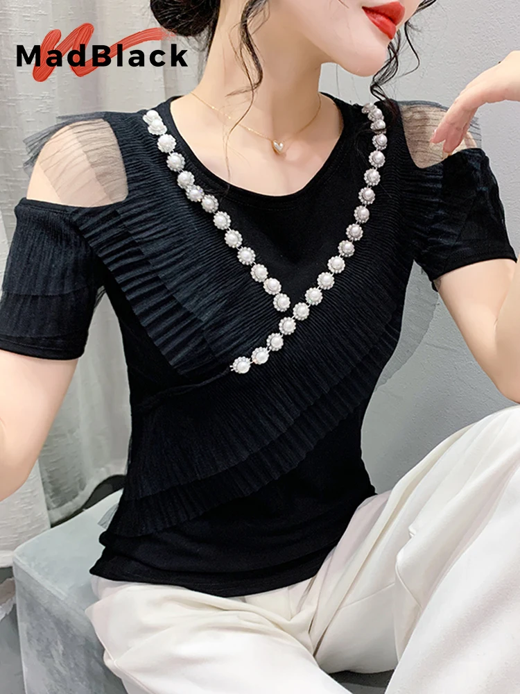 

MadBlack Summer European Clothes Tshirts Female Sexy V Necks Ruffled Beaded Slim Cotton Tops Short Sleeve Elastic Tees T36152JC