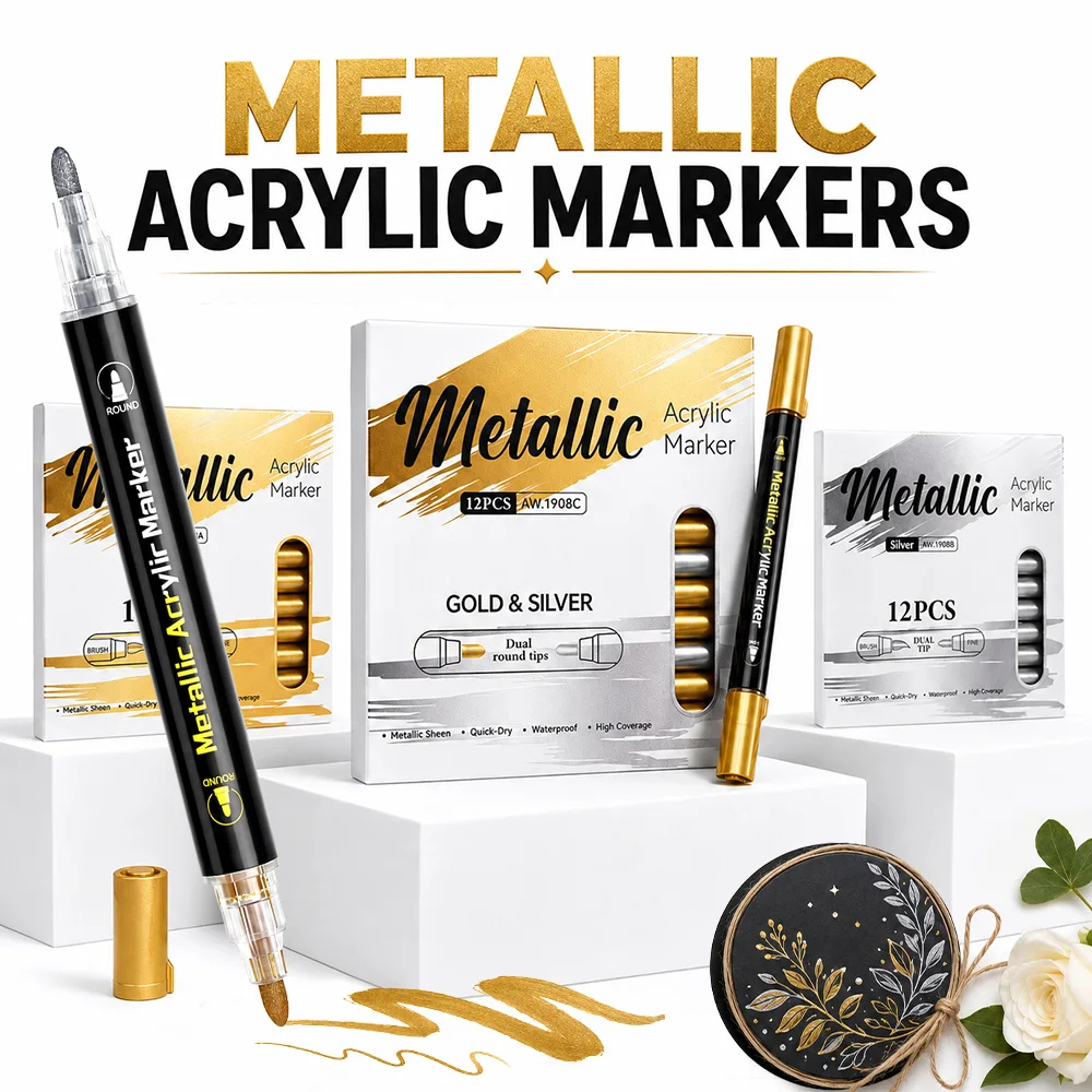 

Metallic Acrylic Markers Dual Tip Gold Silver Paint Pens Waterproof Permanent Marker for Black Paper DIY Art Craft Scrapbook