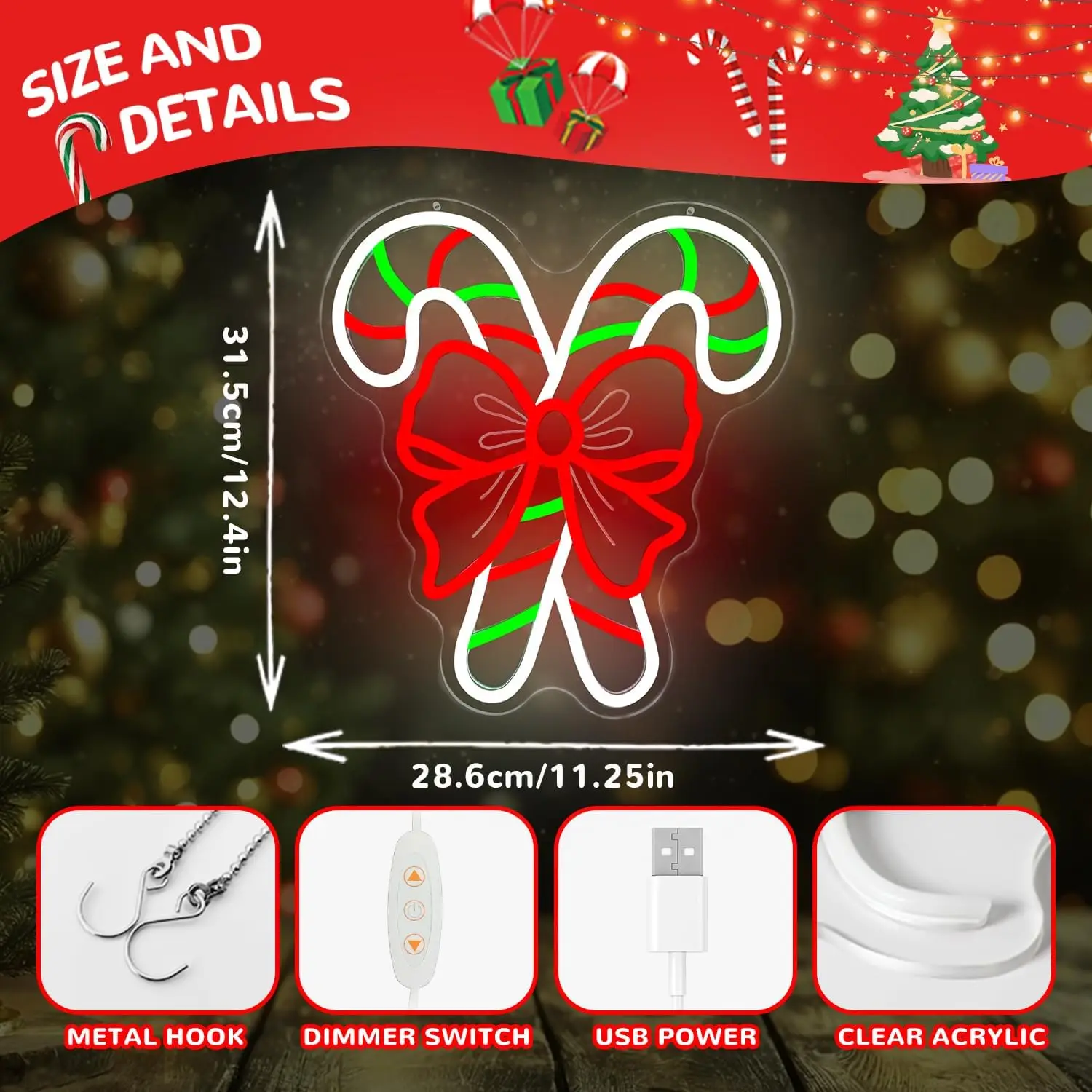 عيد الميلاد النيون تسجيل USB عكس الضوء قصب الحلوى نافذة ضوء Led تسجيل كانديلاند زينة عيد الميلاد عيد الميلاد النيون ديكور جدران المنزل هدية