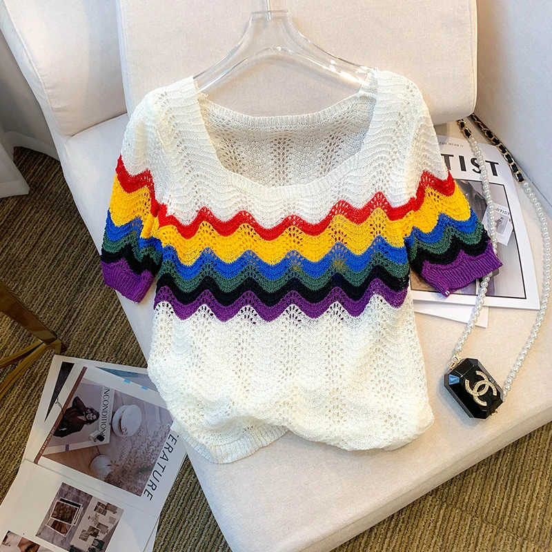 

2024 Summer New Striped Square Neck Thin Ice Silk Knitted T-shirt Women's Short Sleeve Hollow Out Tshirt Jumper Casual Knitwear