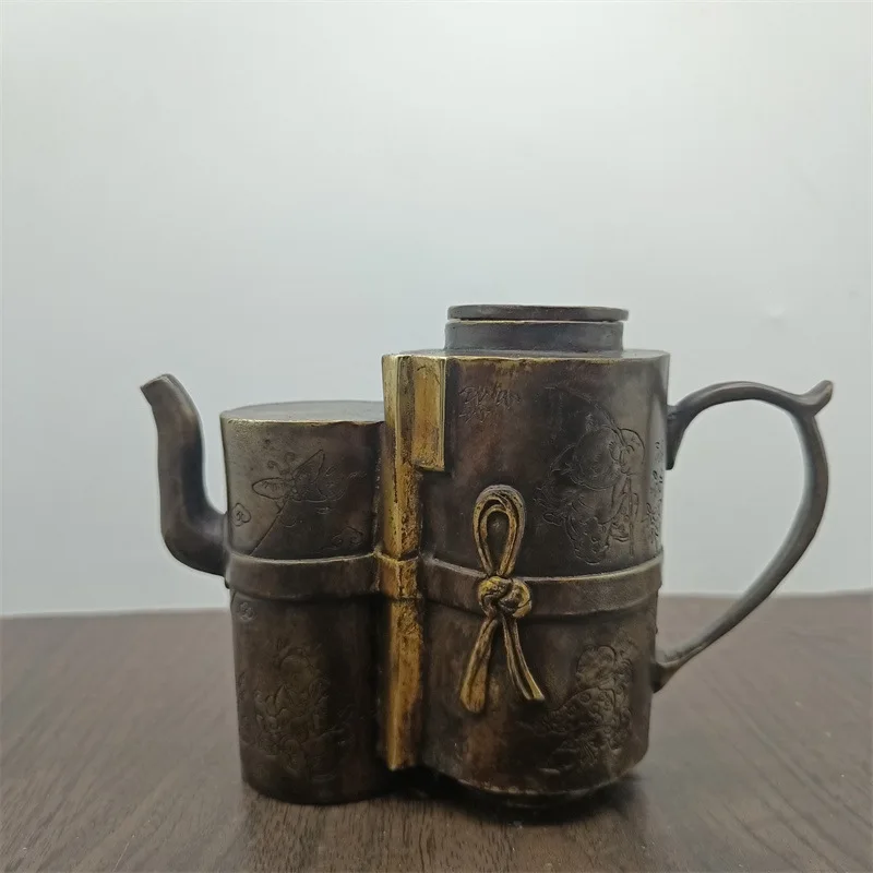 

Guyunzhai Antique Bronze Collection Qianlong Year Brass Children Sending Blessing Wine Pot Double round Teapot