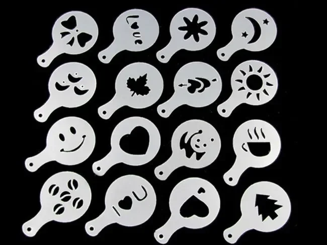 16pcs/lot Kitchen Dining & Bar Cappuccino Coffee Barista Stencils Template Strew Flowers Pad Duster Spray OK 0236