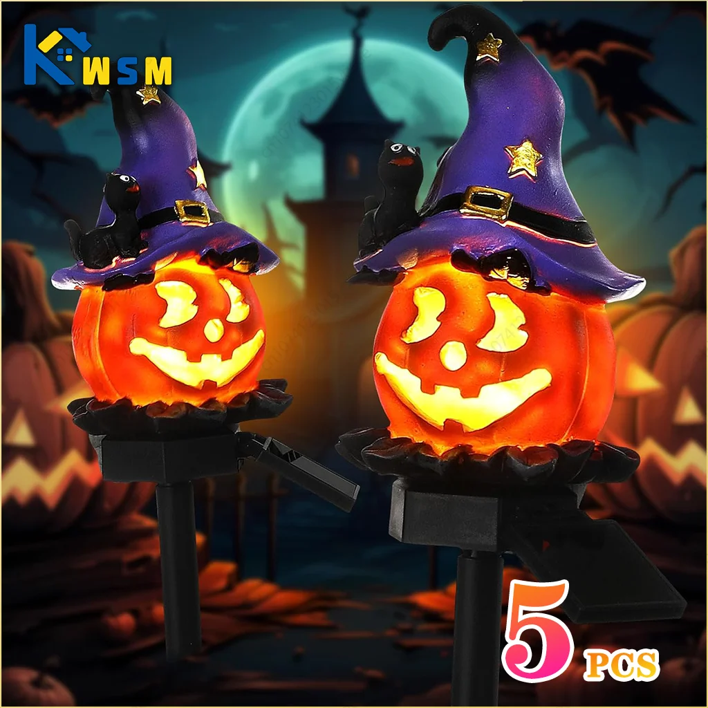 

5PCS Solar Halloween Decoration Outdoor Lights Creative Atmosphere Waterproof Courtyard Garden Decoration Resin Pumpkin Lantern