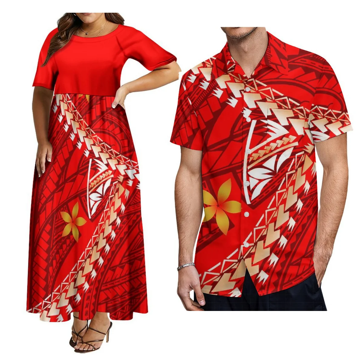 Polynesian Design Women'S Samoa Crew-Neck Short-Sleeved Dress With Men'S Pocket Shirt Couple Suit Two-Piece Set