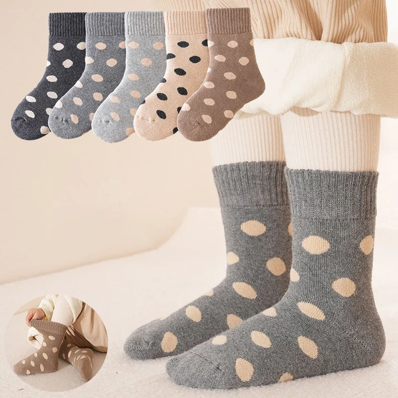 5 Pairs a Lot MILANCEL New Winter Kids Socks Girls Cute Dots Bear Terry-loop Hosiery Children Warm Fleece Padded In Tube Socks