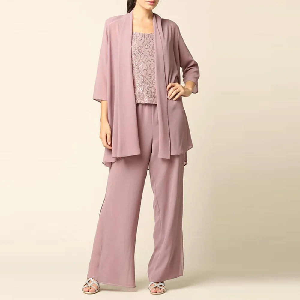Customized Long Sequined Mother Of The Bride Dresses With Jacket A-Line Chiffon Jumpsuit Groom Mother Dresses For Women