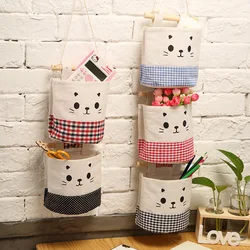 Wall Hanging Storage Bags Cartoon Cat Organizer Pocket Wardrobe Hanging Bag For Cosmetics Containers Cotton Door Wall Closet
