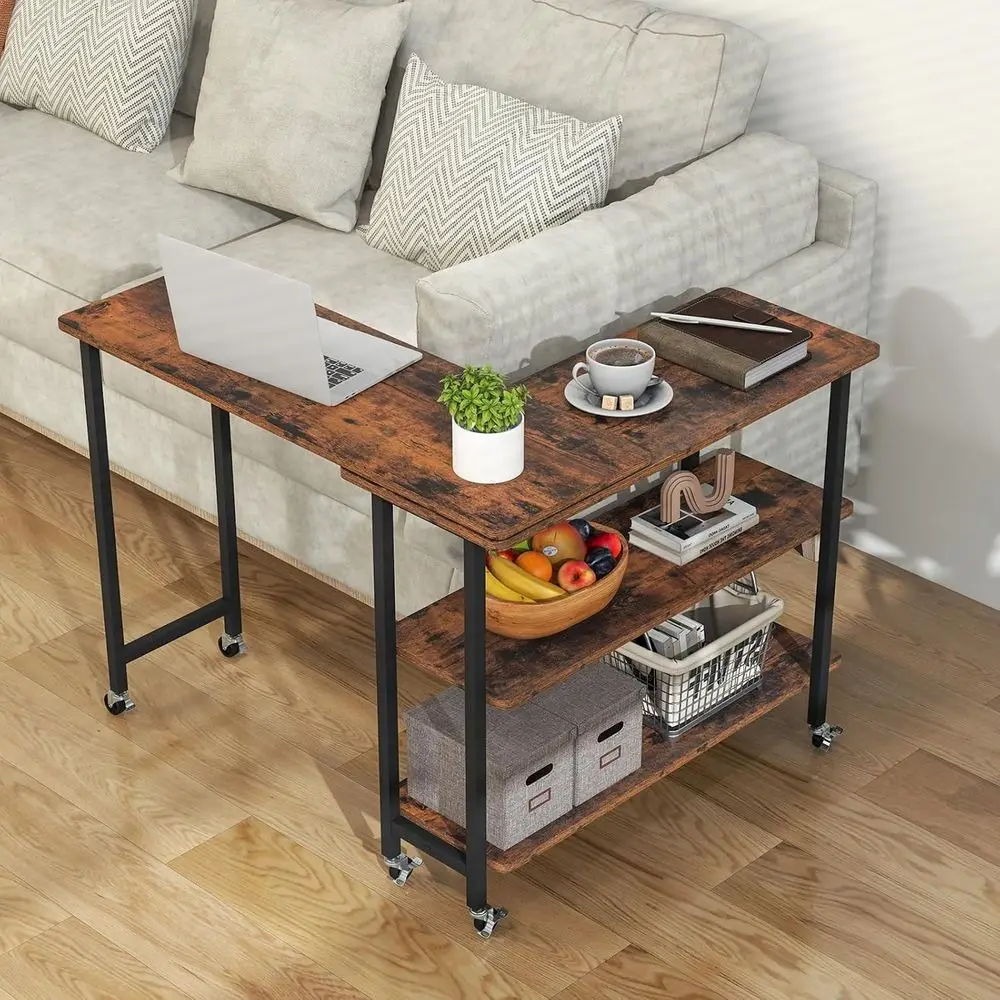 360° Rotating Soa Side Table, Patented Mobile End Table with 2-Tier Storage Shelves, Swivel Rolling Desk with 6 Lockable Wheels,