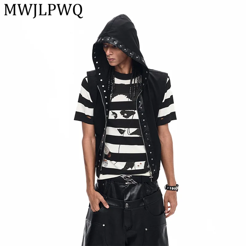 

MWJLPWQ Subculture Printed Ripped Knit Shirt For Men Summer Thin Striped Streetwear Short Sleeve Regular Shoulders Tops 16164