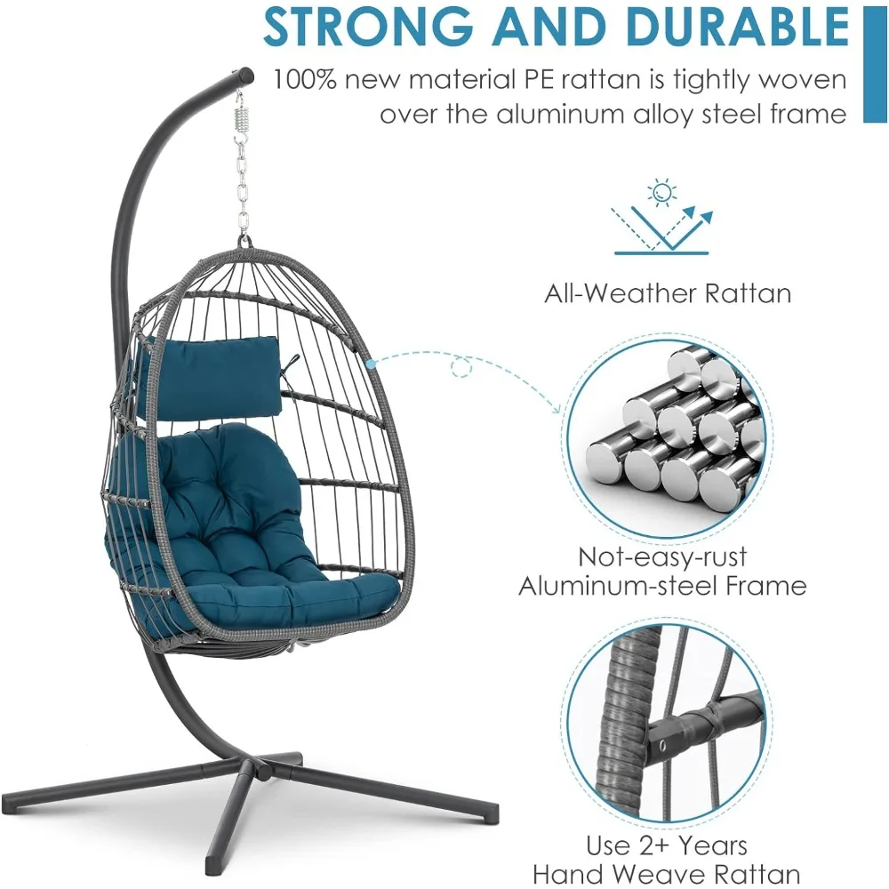 Wicker Rattan Hanging Swing Egg Chair,Aluminum Frame and UV Resistant Cushion,Patio Porch Lounge Hand Made Chair 350LBS Capacity