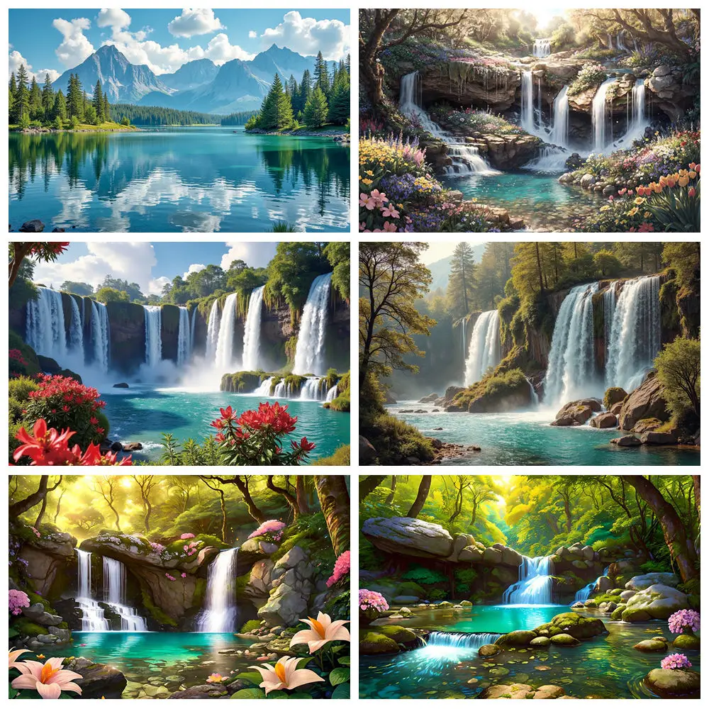 Natural Spring Scenery Home Decoration Backdrop Green Forest Waterfall Mountain River Tree Background Photograph Studio Supplier