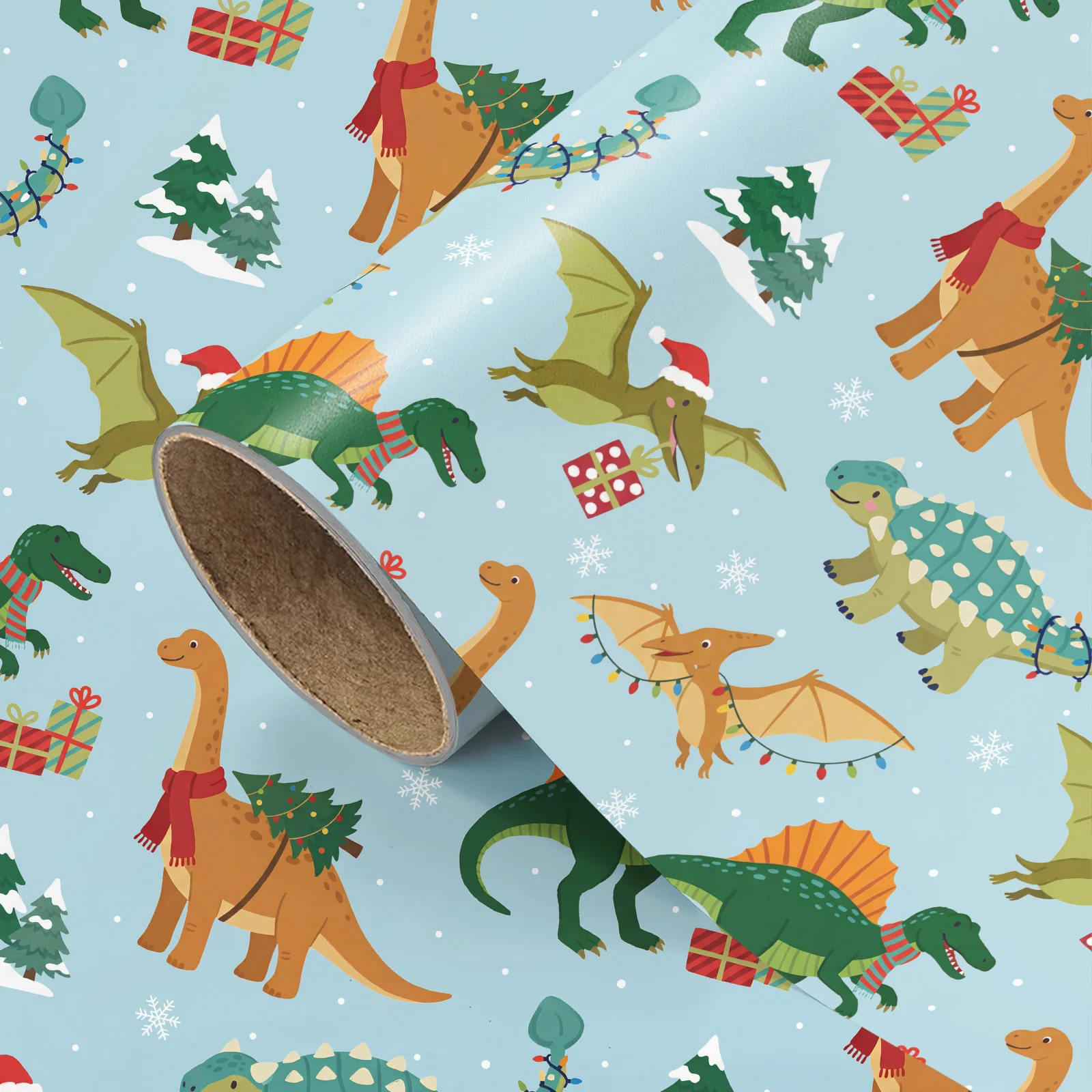 1 Roll of Christmas and New Year Gift Wrapping Paper, Creative Light Blue Background, Cartoon Dinosaur Designs (Pterodactyl, Brachiosaurus, Ankylosaurus), with Christmas Hats, Scarves, String Lights, Gift Boxes, and Sn
