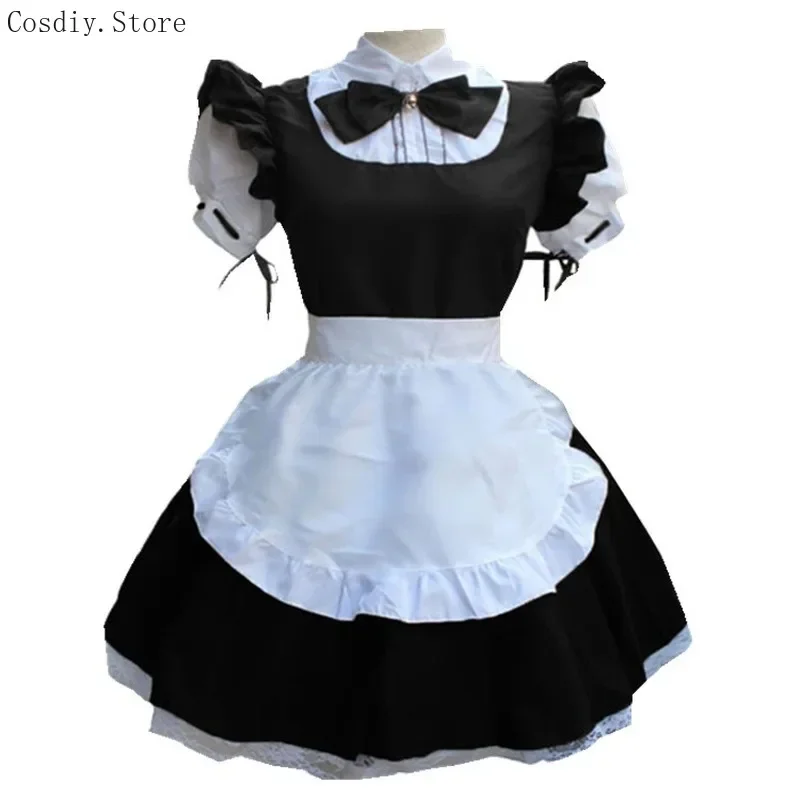 Cute Maid Cosplay Costume Lolita Apron Lace Mini Dress Summer Women Waitress School Student Pinafore Outfit For Girls Plus Size