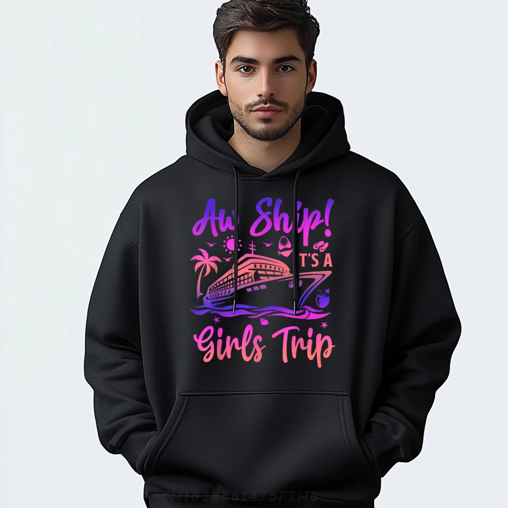 سترة رجالي عائلية بغطاء للرأس من Aw Ship It's A Girl Trip Vintage هوديس جرافيك بأكمام طويلة عائلية برقبة دائرية كاجوال