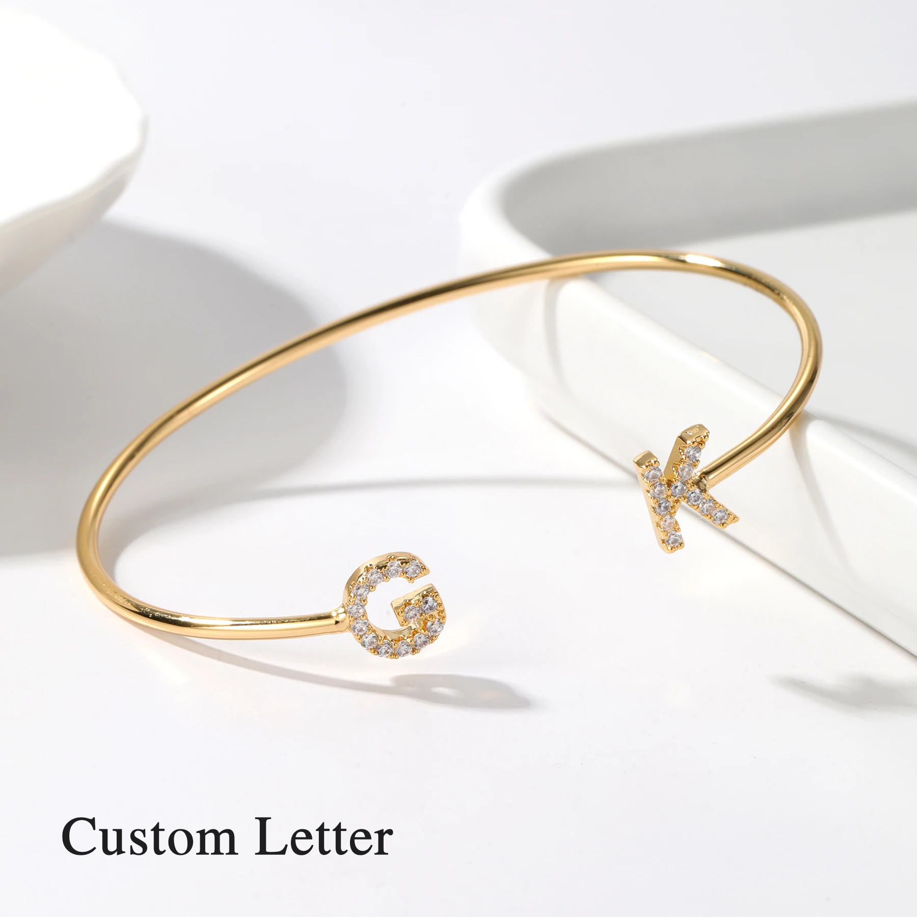 

Custom Letter Bracelet Gold Plated Open Cuff Full Zircon Letter Luxury Christmas Gift For Women Girls Stacking Jewelry Trendy