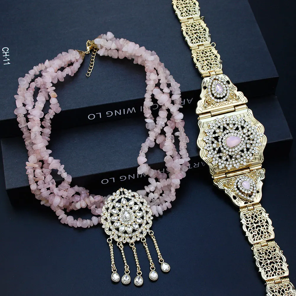 Sunspicems Algeria Moroccan Jewelry Sets Pink Stone Choker Necklace Caftan Belt Waist Chain Adjustable Gold Color Bridal Bijoux