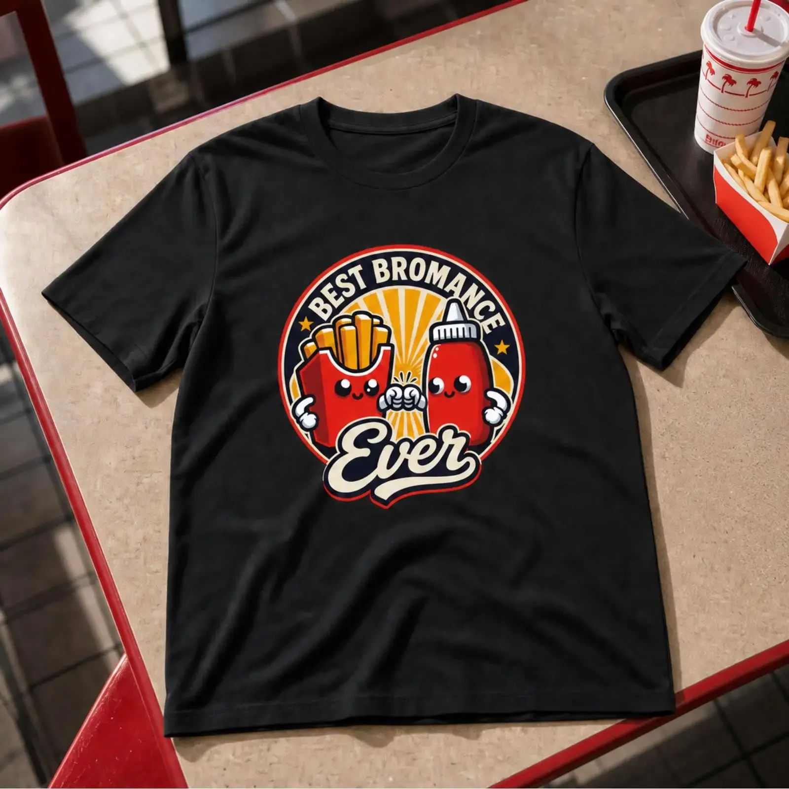Best Bromance Ever T Shirt Funny Fries and Ketchup Junk Food  vintage Washed Top For Everyday Wear Casual fashion Stretched