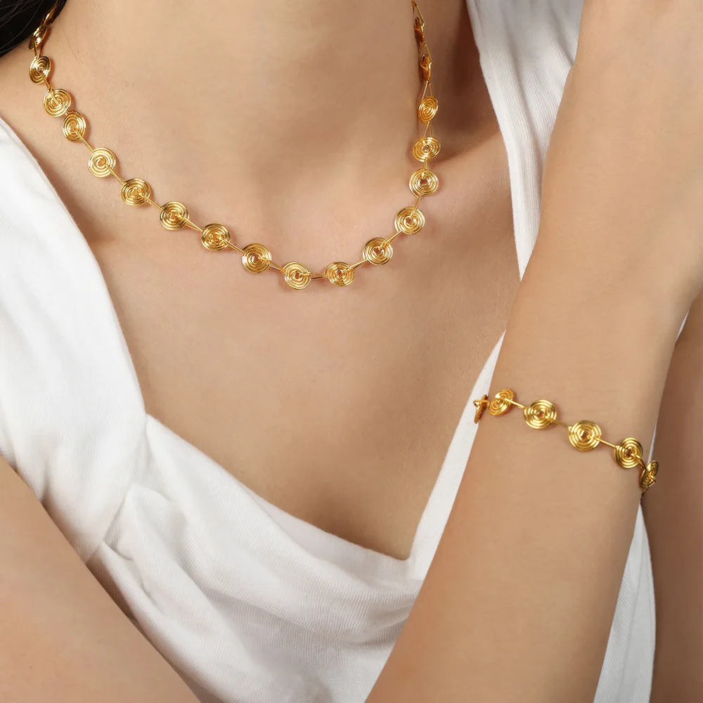 Fashion Round Pendant Chain Necklace for Women 316L Stainless Steel Gold Plated Bangle Jewelry Set Gift Hip Hop Accessories