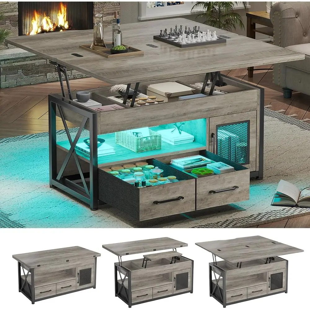 

Журнальный столик с 40 светодиодными лампами и местом для хранения, функциональность 4-в-1, тканевые ящики для гостиной и столовой, серый