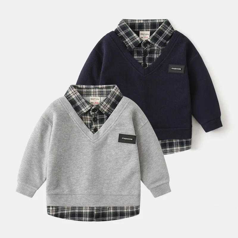 2026 New Korean‑Style Boys Mock Two‑Piece Sweatshirt, Shirt Collar Spliced Pullover, Wholesale Toddler Baby Boys Clothing