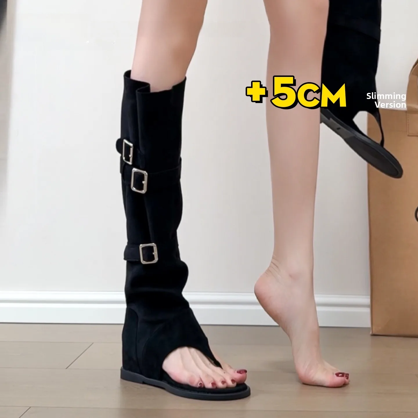 Black Roman Style Thong Sandals Women's Summer Fashion High Top Western Cowboy Boots Inner Heightening Clogs Breathable