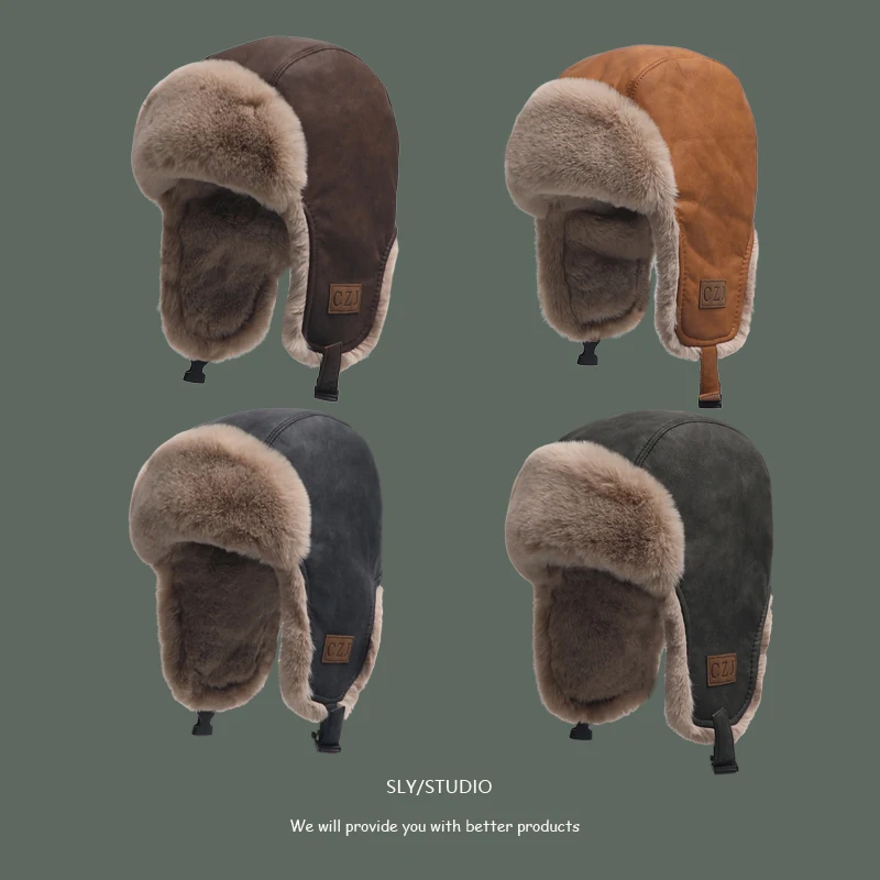 

Leather Hat Ushanka Men's Winter Thickened Pilot Glasses Warm Hat Female Northeast Cold Proof Cycling Earmuffs Hat Female