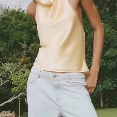 Estate New Sle da donna in raso di seta con colletto appeso Top Quali Feel Commute Sle vestibilità ampia in fibra di poliestere