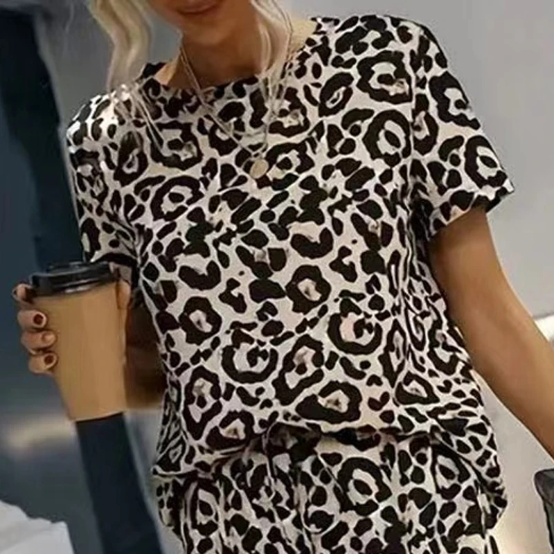 2024 Summer New Leopard Print Loose Office Lady Women Suits Fashion O Neck Short Sleeves Blouse Casual Wide Leg Trousers