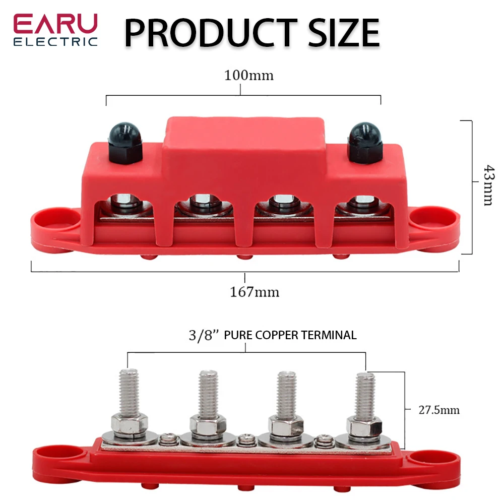 12V 250A Positive Negative M8 M10 Bus Bar Terminal Battery Power Distribution Block With Cover for Boat RV Truck Camper earu