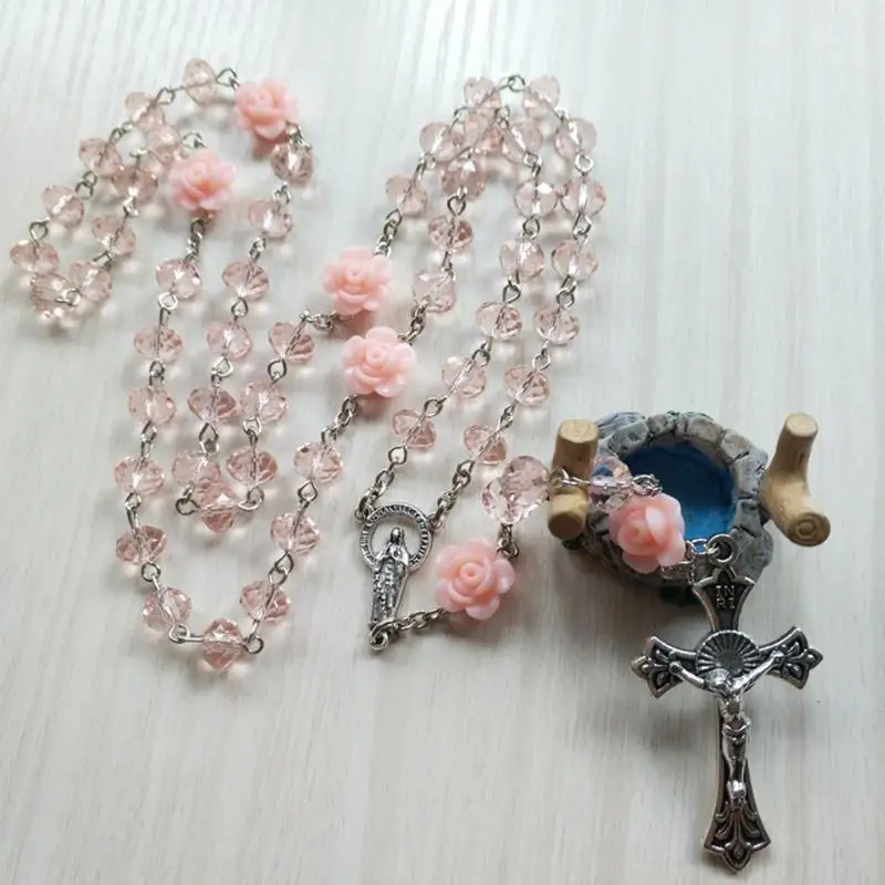 L9BE Rose Crystal Rosary Necklace Catholic Vintage for Cross Pendant Long Chain Neckl