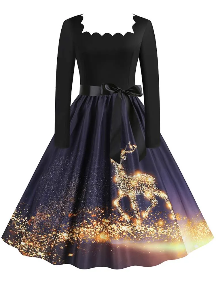 Женское винтажное рождественское праздничное платье с длинным рукавом, повседневная одежда с принтом 50-х, 60-х годов, элегантная новогодняя праздничная одежда