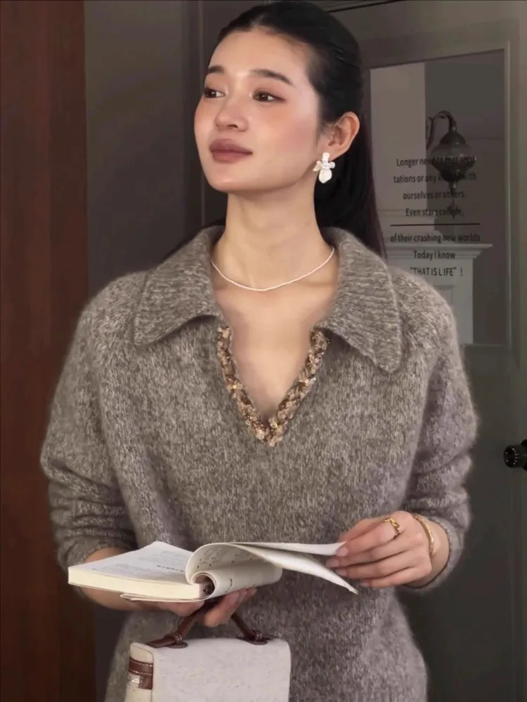 Retro Faionable Strickpullover V-Ne Long Sve Damen Top Ele Sle Herbst Winter Neuankömmling Wärme garantiert