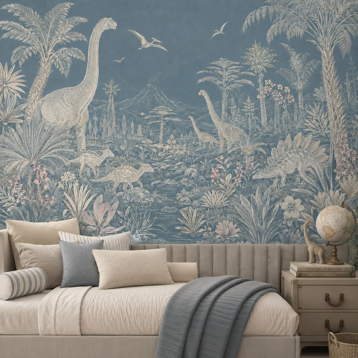 vintage-blue-dinosaur-jungle-wall-mural-wallpaper-prehistoric-botanical-landscape-kids-room-nursery-non-self-adhesive-home-decor