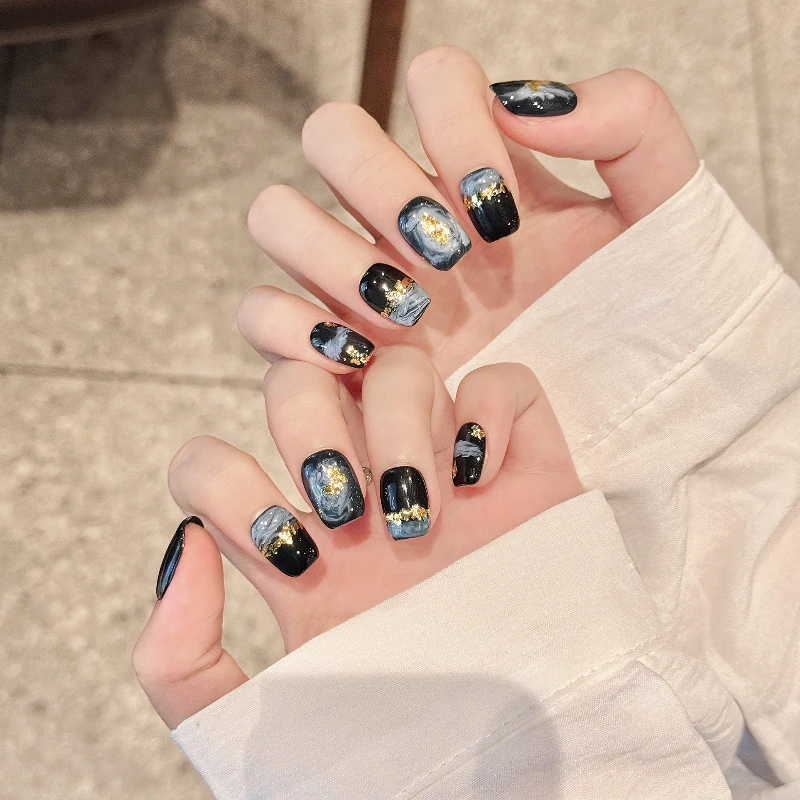 10pcs black short Dreamy Square Head handmade Fake Nails cute Cartoon Graffiti starry sky foil Press On Nails Wearable Nails Tip