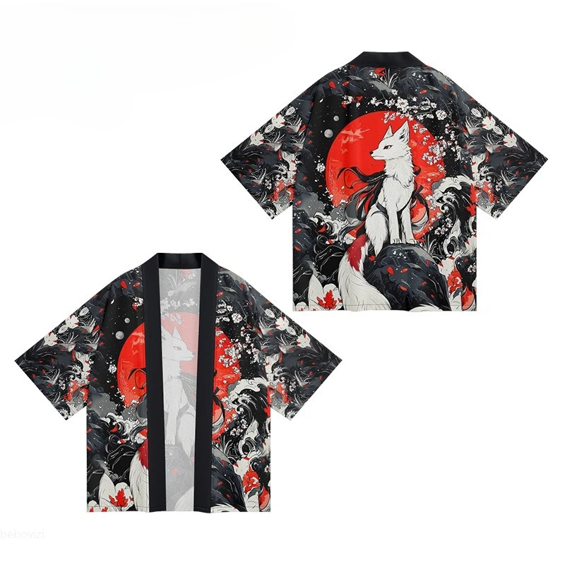 ชุดกิโมโนลายอินาริฟ็อกซ์สไตล์ญี่ปุ่นหลากหลายแบบ ประจำฤดูร้อนปี 2025 สำหรับผู้หญิงและผู้ชาย เสื้อคลุมฮาโอริทรงโอเวอร์ไซส์ เสื้อคลุมยูกาตะ เสื้อฮาราจูกุ