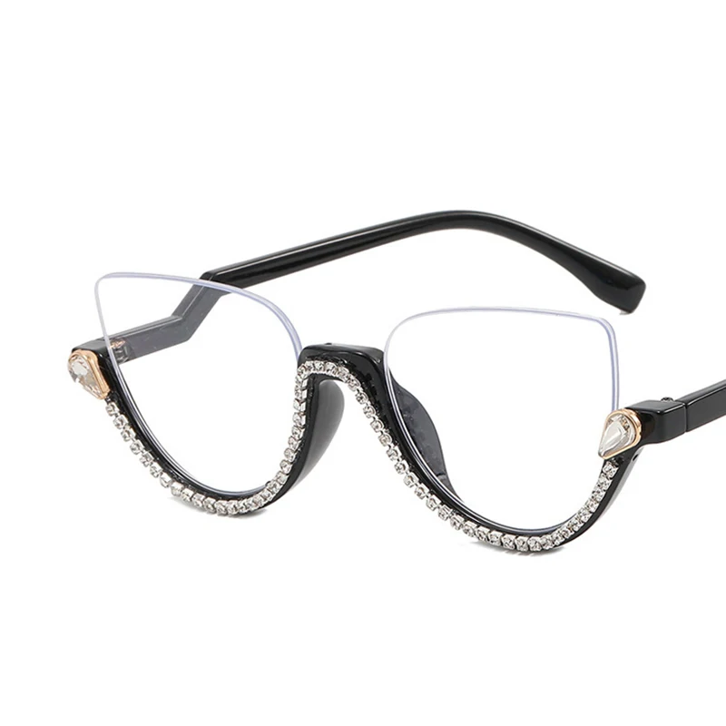 Fashion Women Blue blocking Reading glasses Lady Cateye Reader Clear Diamond-studded Eyeglasses