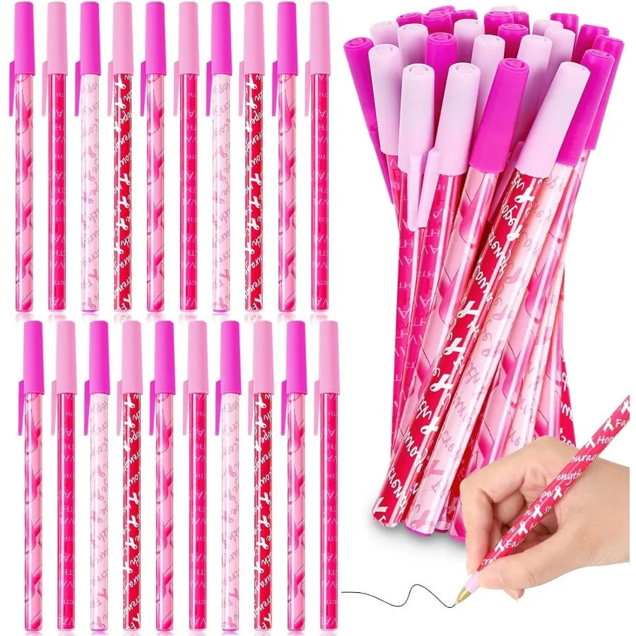 

Ручки с розовой лентой, аксессуары для осведомленности о раке молочной железы, 26 шт., черные чернила, розовые гелевые ручки, объемные шариковые ручки, подарки на рак молочной железы