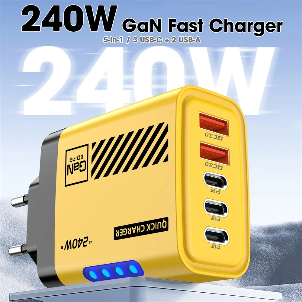 5Ports GaN 240W Fast Charger PD USB Phone Charging Head Adapter with LED Light QC3.0 US/EU Plug for iPhone Samsung Huawei Xiaomi